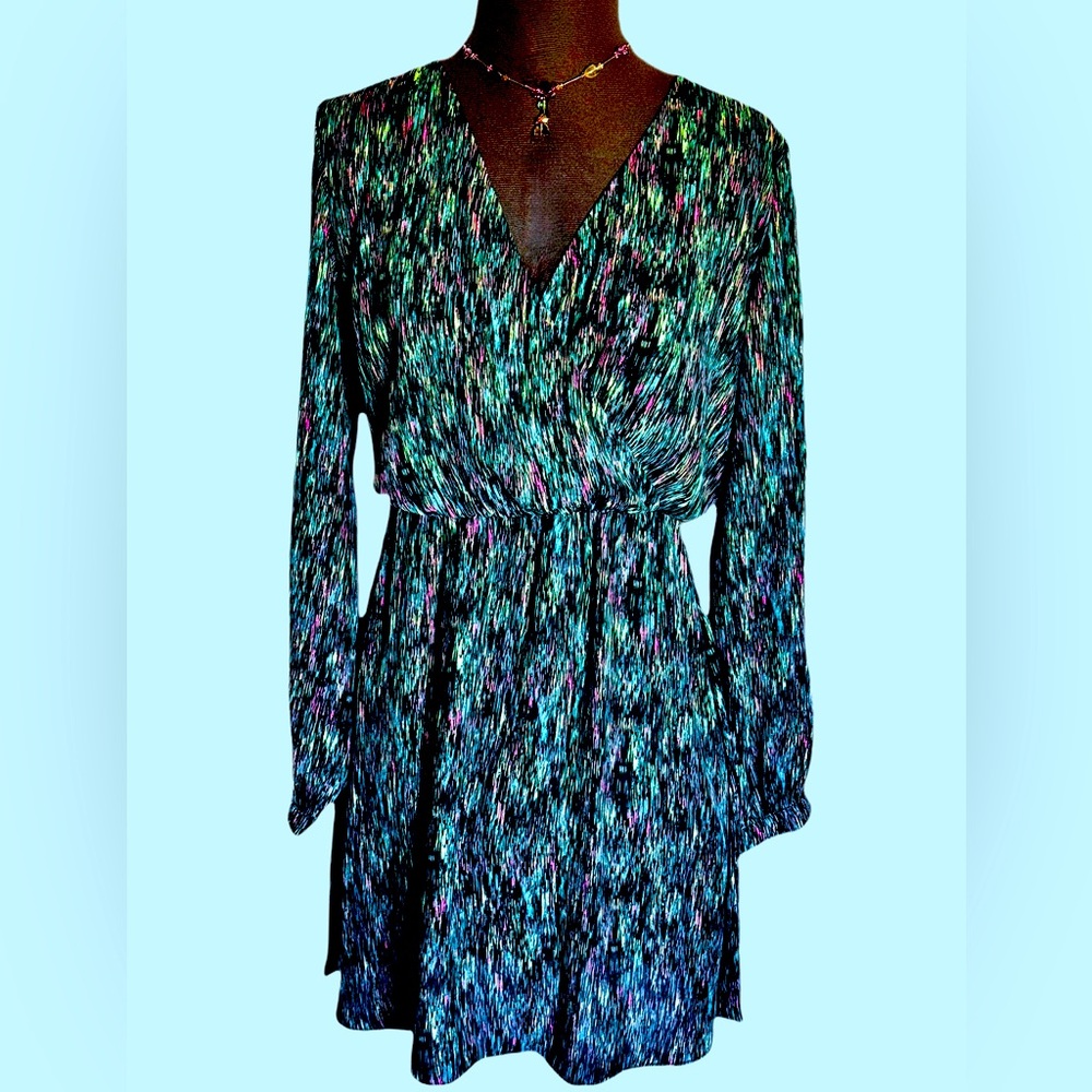 Aqua Wrap Bodice Elastic Waist Dress With Long Open Side Sleeves Size S